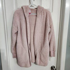 Open front cardigan soft fuzzy pink hooded jacket